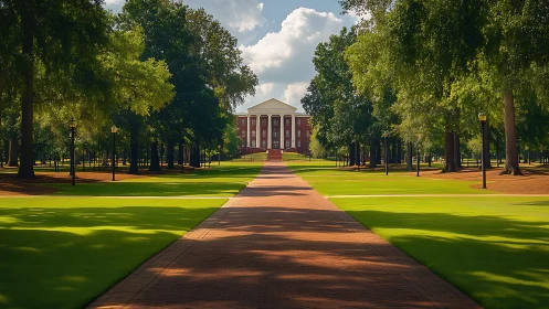 Red brick campus building framed by trees and central path