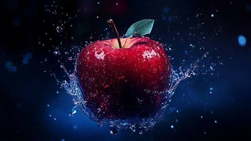 Vibrant red apple explodes through water in dramatic motion