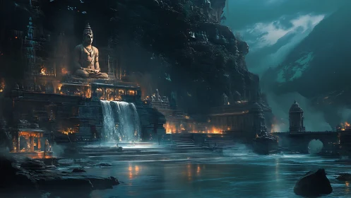 Silent mountain deity above cascading temple waterfalls.