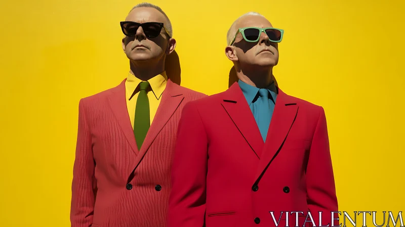 Twin neon suits bask against sun-baked yellow silence.