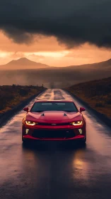 Scarlet muscle car on stormy dusk highway horizon.