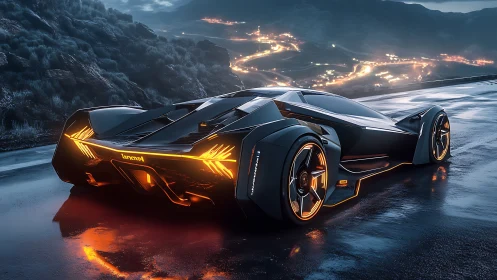 Futuristic hypercar glows on wet mountain highway at night