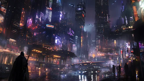 Neon-soaked cyberpunk megalopolis unfolds under torrential rain