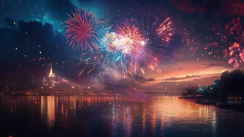 City shoreline fireworks painting the twilight sky in color.