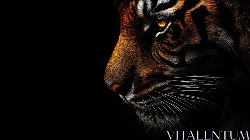 Dramatic tiger profile emerges from darkness in fierce focus