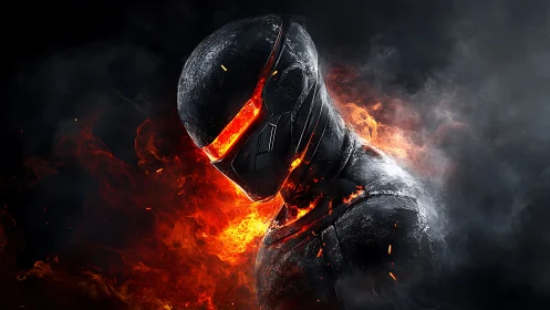 Fiery cyber warrior framed in swirling smoke and sparks.