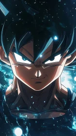Celestial energy surrounds focused anime warrior portrait.