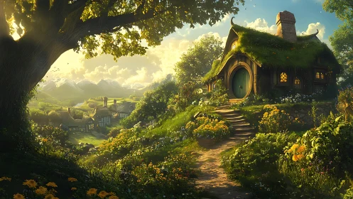 Sunlit hill-hollow cottage wrapped in moss and daydreams.