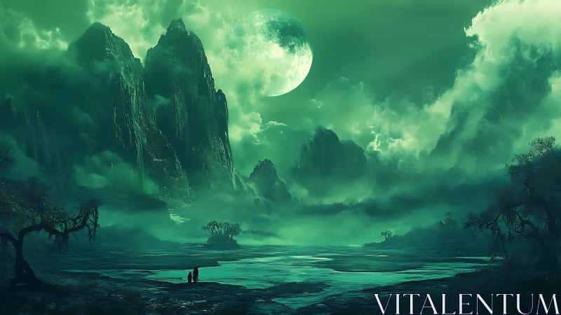 Emerald moonlit valley with towering mist-shrouded spires.