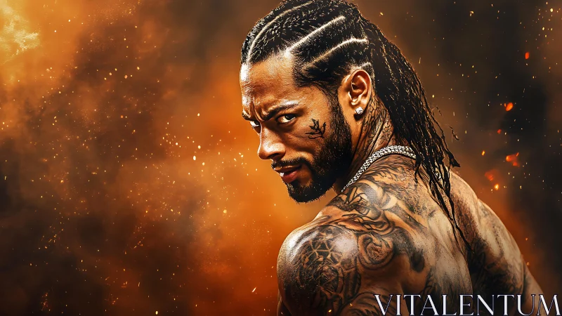 Fierce tattooed man turns in glowing ember filled light