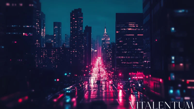 Neon-lit wet avenue forms symmetric nocturnal urban light corridor