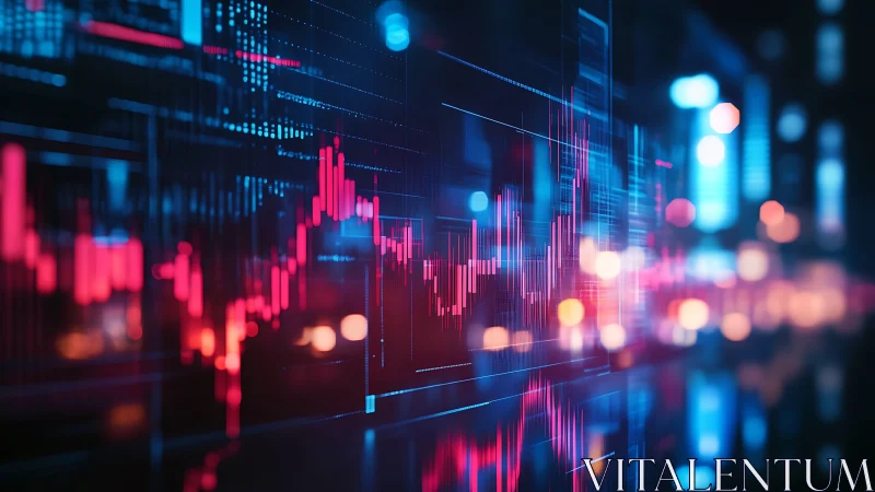 Neon financial candlestick chart with volumetric depth of field