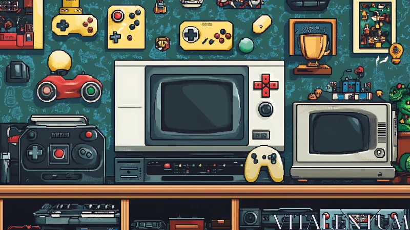 Retro gaming hardware and controllers wall display scene.