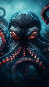 Menacing deep sea octopus with glowing red eyes and limbs.