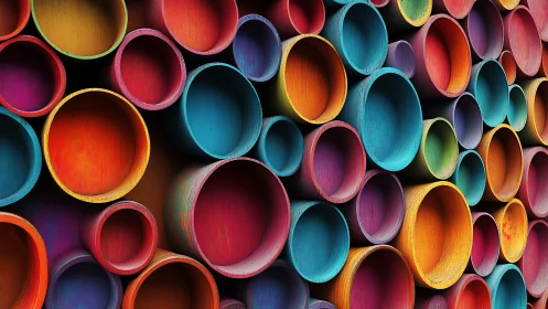 Vibrant stacked cylinders create a bold geometric color wall