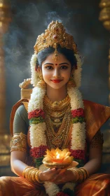 Regal Indian bride holds glowing diya in temple setting.