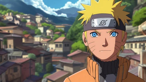 Blond anime ninja portrait against sunlit terraced village backdrop