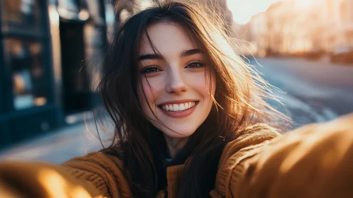 Golden hour street selfie captures joyful urban energy.