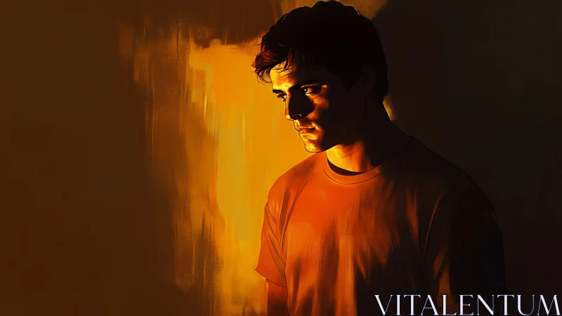 Solitary male figure in orange light against dark field.