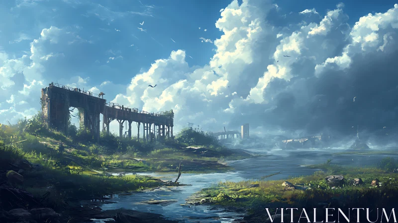 Sunlit ruins along a quiet river after the storm.