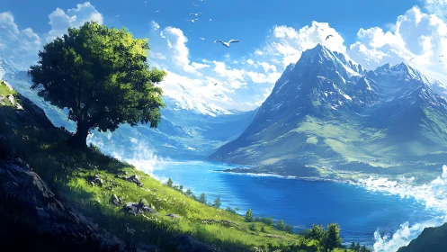 Sunlit lakeside valley unfolds beneath towering blue peaks