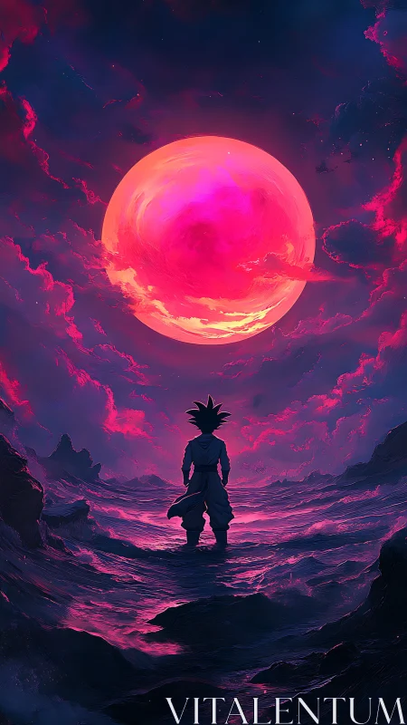 Stargazing warrior beneath a roaring neon crimson moon.