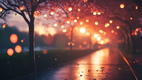 Digital evening walkway with lantern canopy and bokeh glow.
