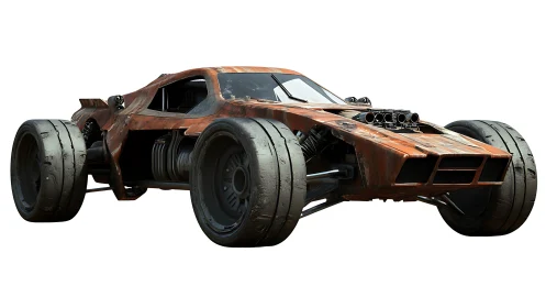 Post-apocalyptic off-road muscle car with exposed V8 engine