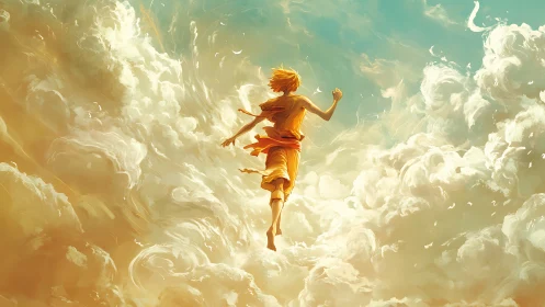 Skybound dreamrunner leaping through molten sunrise clouds.