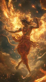 Mythic humanoid figure is rendered in luminous fiery motion