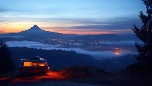 Lonely camper van trades secrets with a glowing misty city