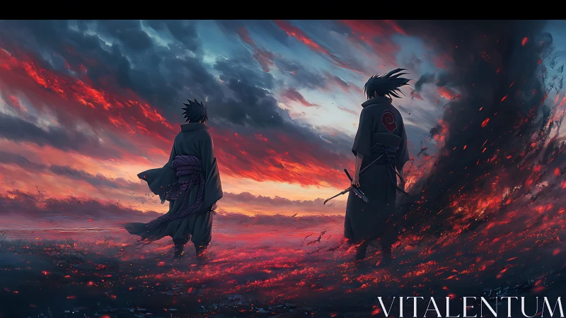 Samurai silhouettes confront under incendiary anime sky