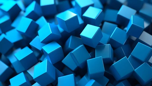 Dense cluster of glossy blue cubes in abstract space.