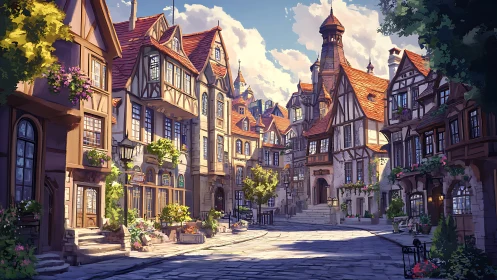Sunlit half-timbered village street with lush floral articulation.