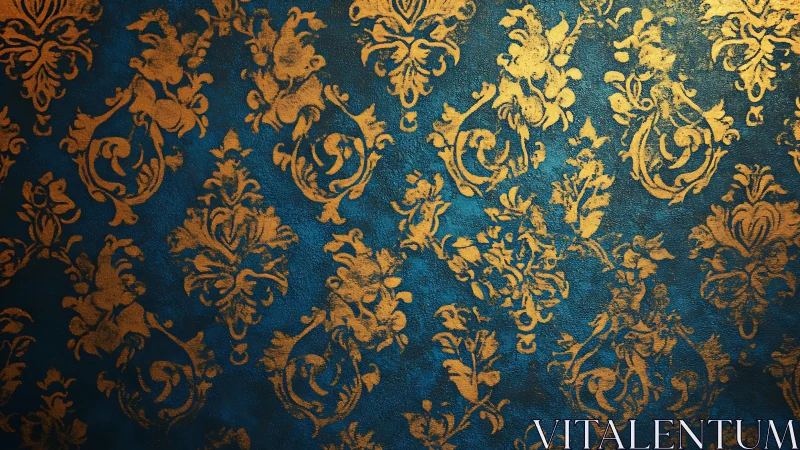 Gold damask pattern over textured teal vintage wall.