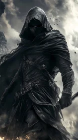 Hooded dark warrior in tattered armor holding a dagger.
