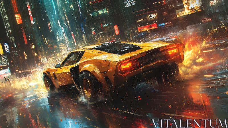 Neonstorm supercar tears through rainlit cybercity streets.