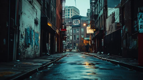 Lonely wet alleyway quietly mirrors the city’s neon heartbeat