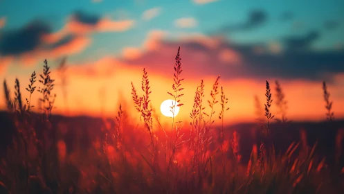 Sunset light through wild grass silhouettes in soft focus.