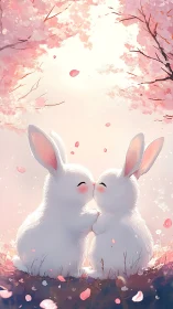 Two stylized white rabbits touch noses under pink foliage