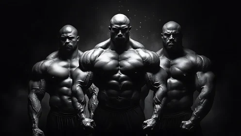 Triple muscular bodybuilders stand under dramatic studio light