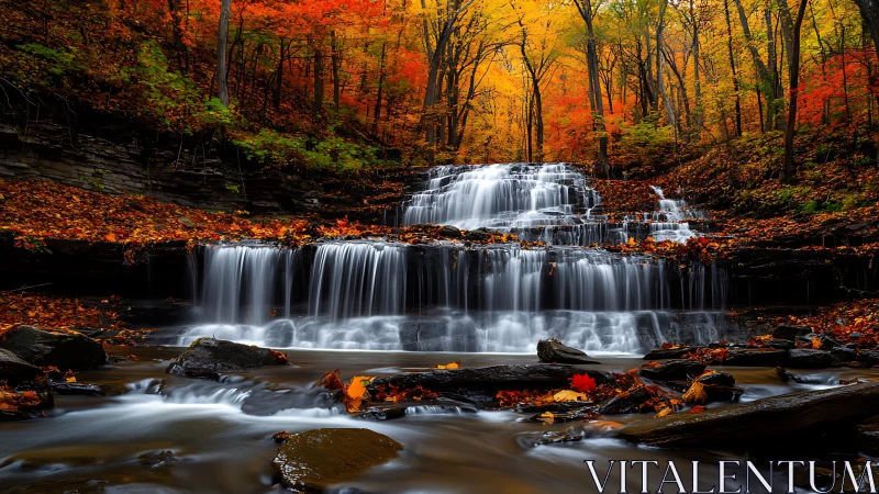 Tiered woodland waterfall captured with long exposure in autumn