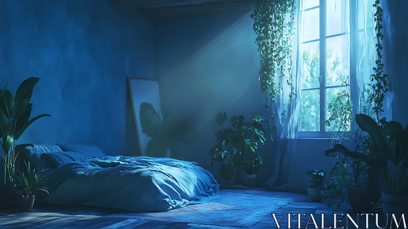 Blue bedroom interior with plants and morning window light.