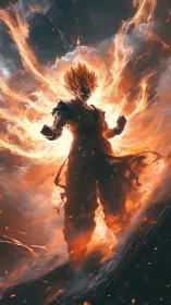 Fiery anime warrior ascends within blazing cosmic storm.