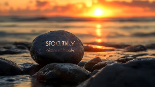 Coastal stone foreground at golden hour sunset seascape.