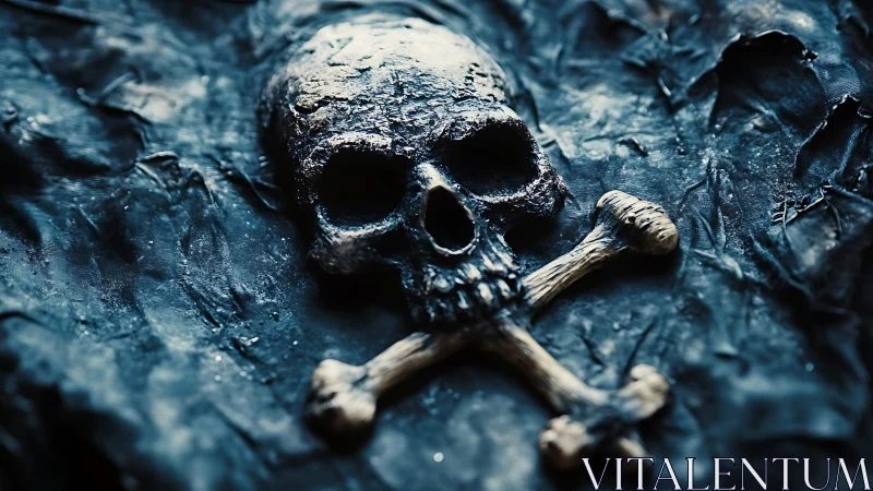 Weathered skull and crossbones carved in dark textured tar.