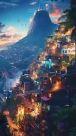Hillside favela skyline under glowing twilight castle peak.