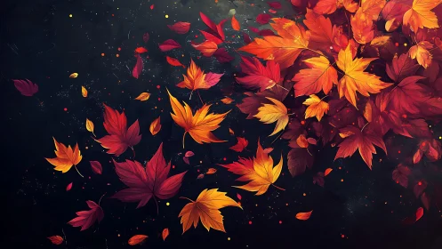 Falling autumn maple leaves across deep midnight void.
