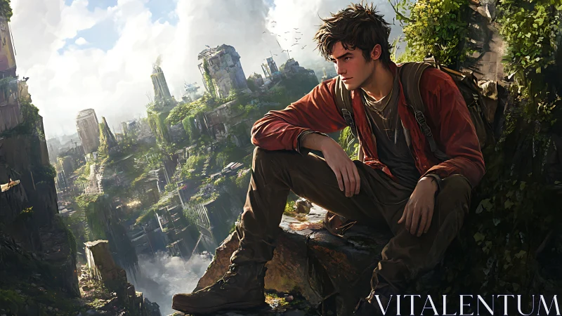 Rooftop wanderer above overgrown ruins of a fallen metropolis.