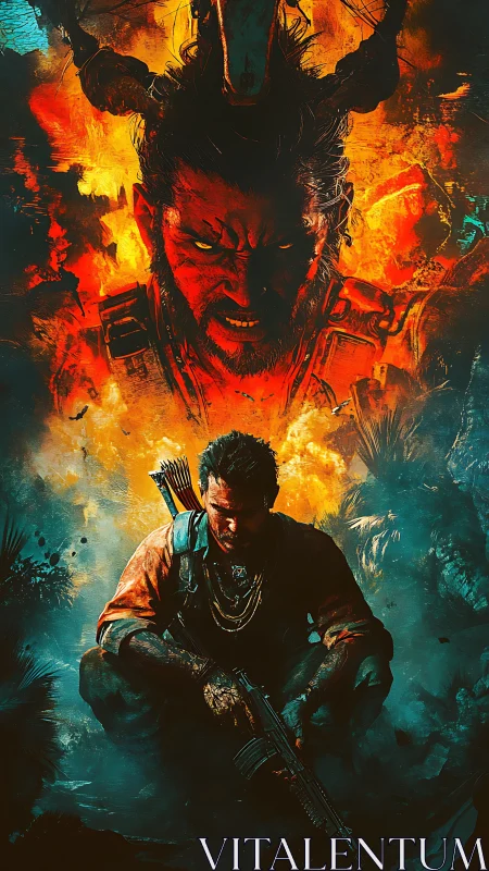 War-torn hunter beneath fiery demon visage in contrast.